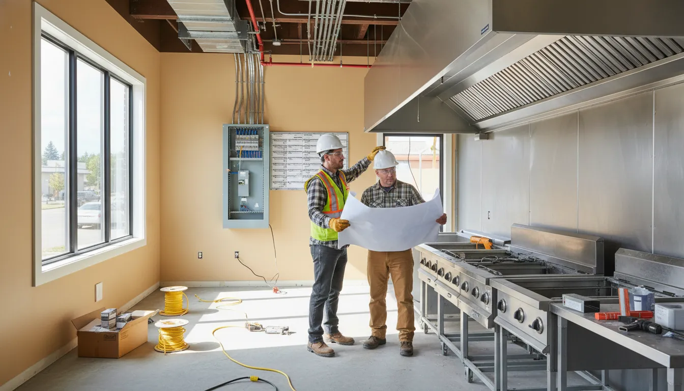 Electrician reviews restaurant electrical requirements in a commercial kitchen build