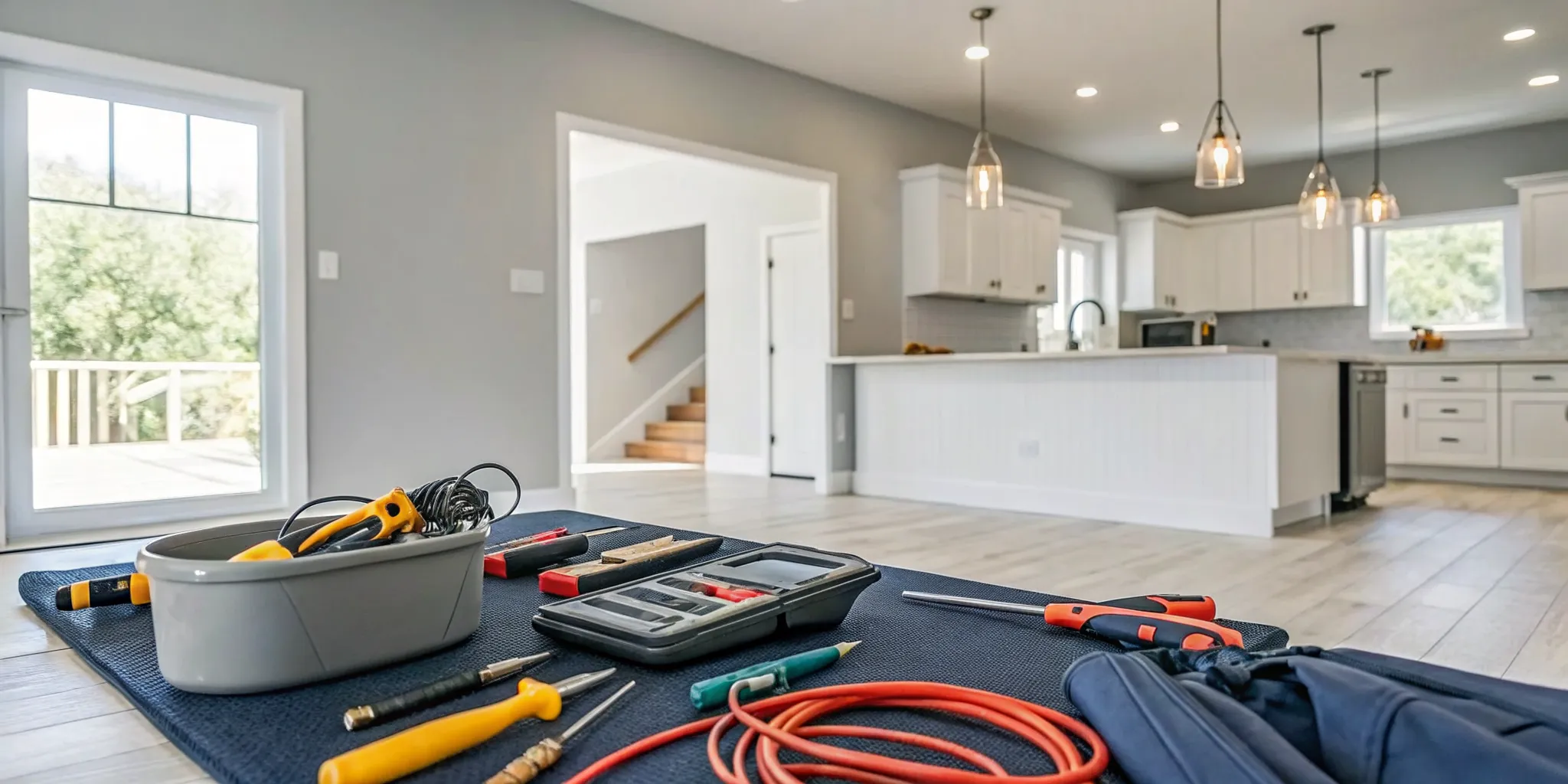 Tools and new wiring on the floor for a complete house rewire in a Tigard home.