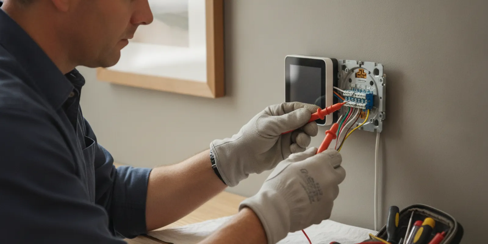 Electrician checking thermostat wiring beside a modern smart thermostat in a home