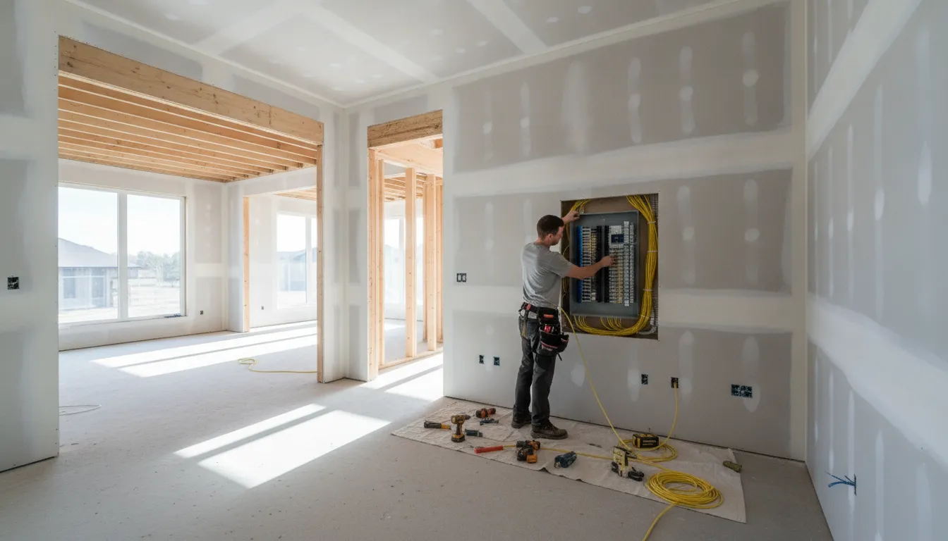 Electrician installing structured wiring panel with Cat6 cables in a new construction home