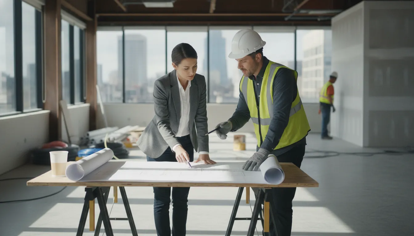 Commercial property manager and electrical contractor reviewing blueprints together in a bright Portland commercial space under renovation with construction planning documents visible