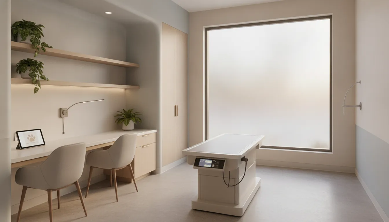 A modern veterinary clinic exam room with serene and airy lighting