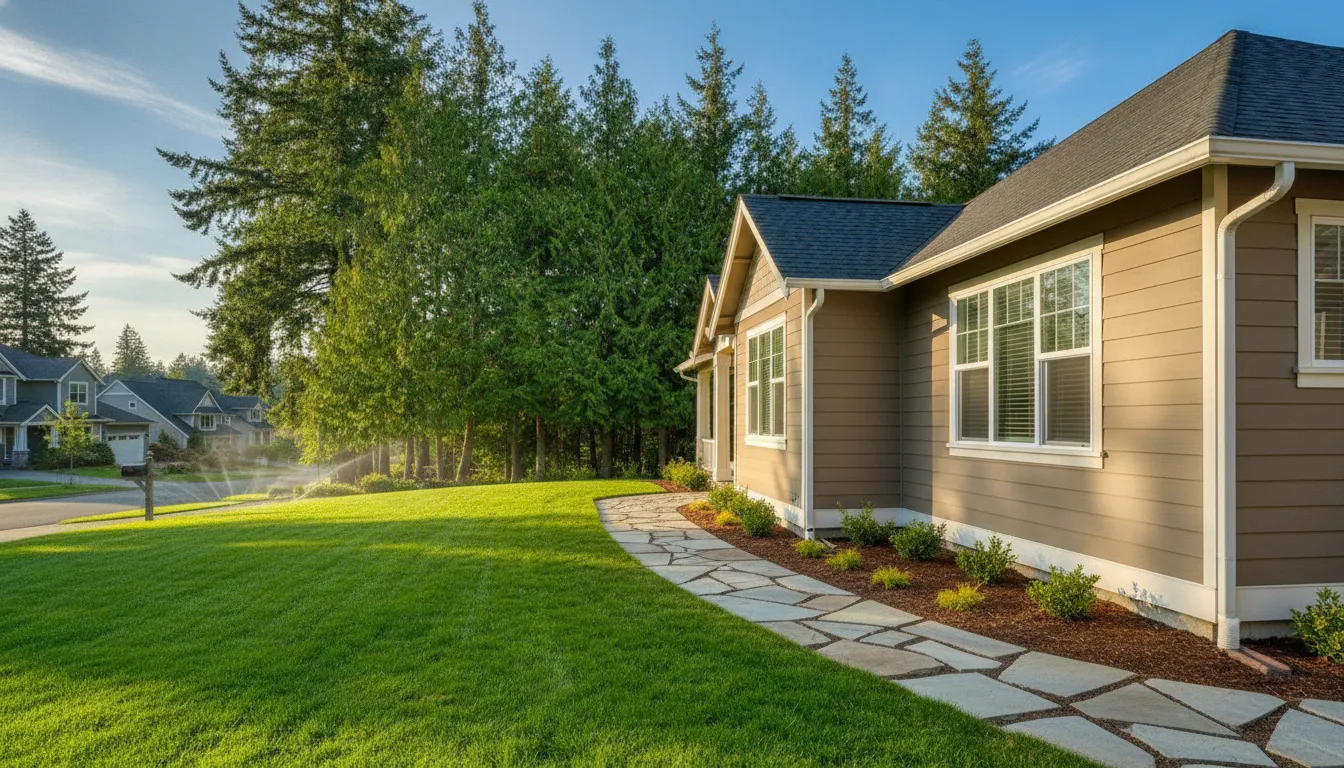 Side of a Portland home with a paved walkway and green lawn, sunny afternoon with blue sky and tall evergreen trees