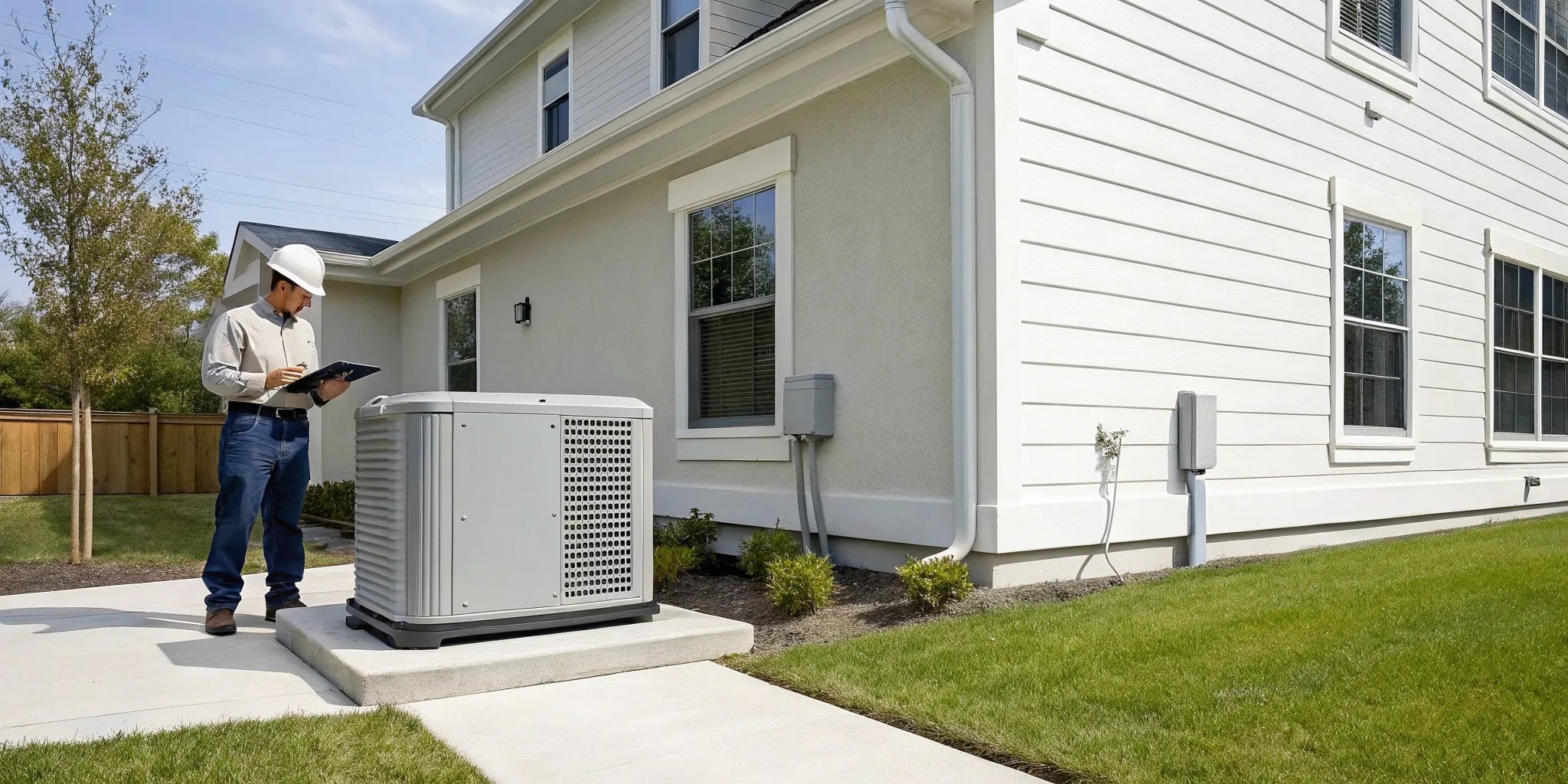 Professional contractor inspecting a new whole house generator installation.