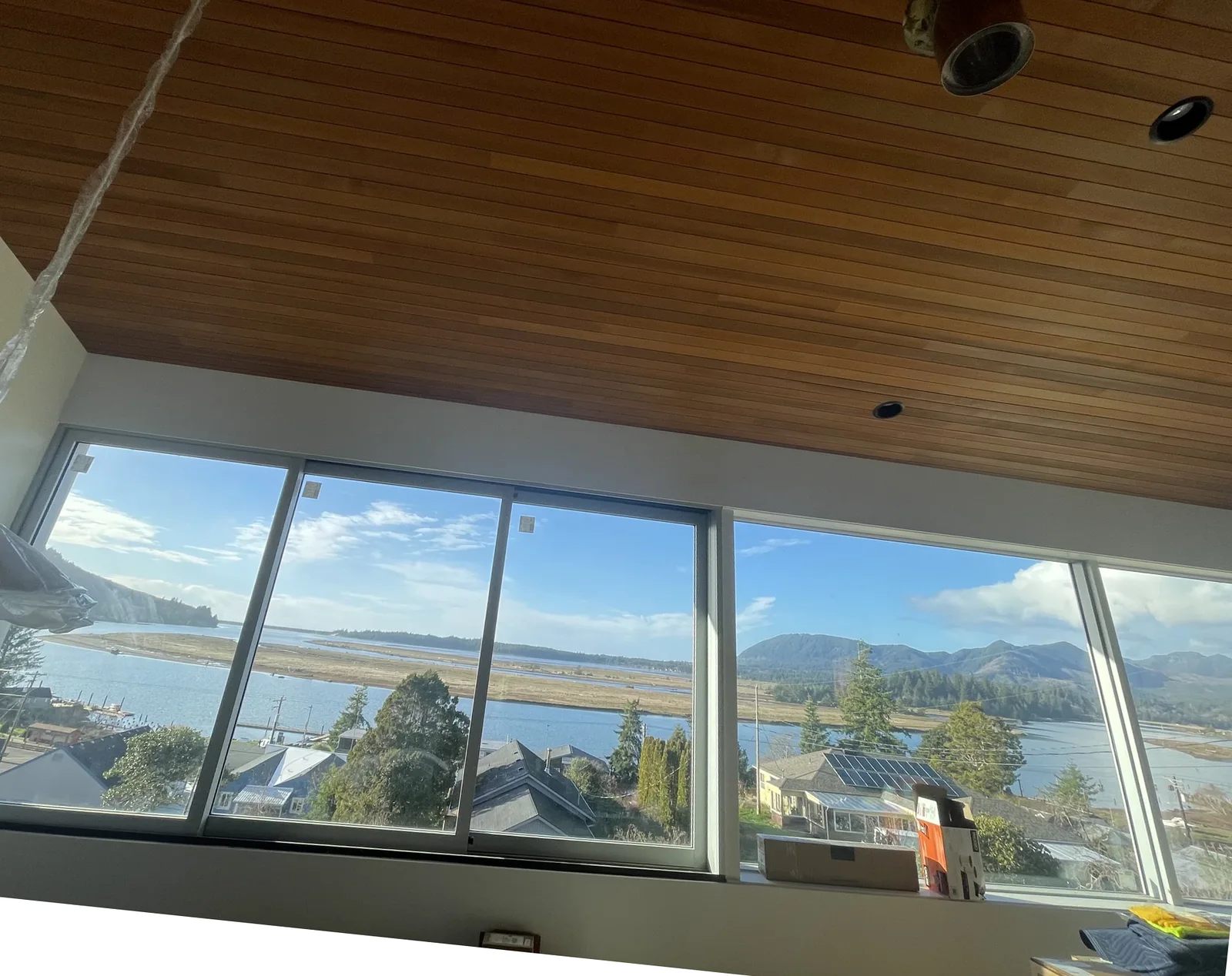 Recessed lighting in a finished wood ceiling