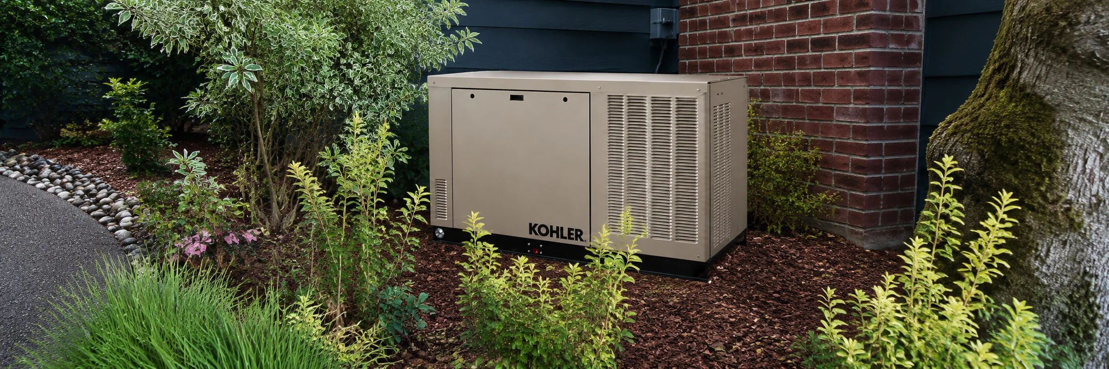 Kohler standby generator installed beside a landscaped home