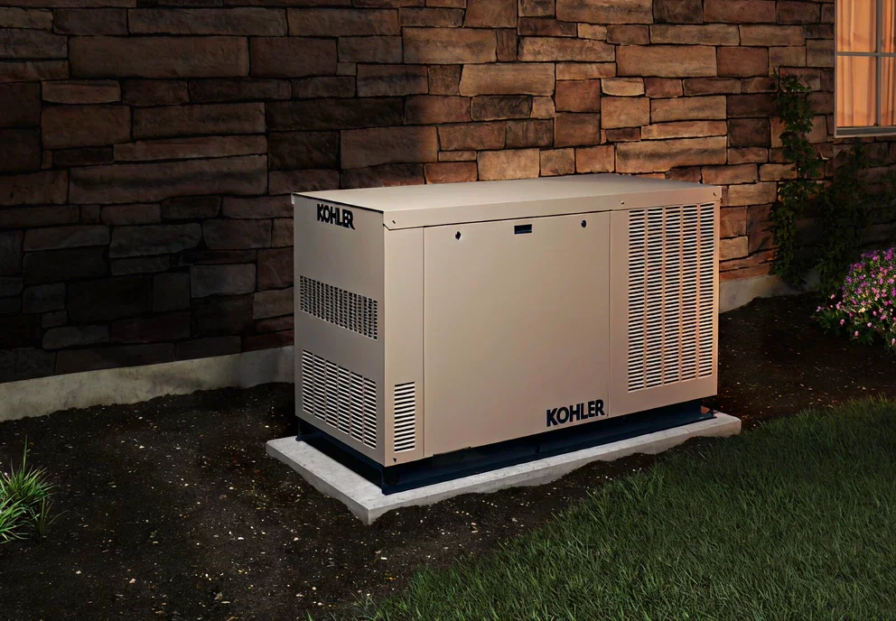 Kohler generator beside a stone wall
