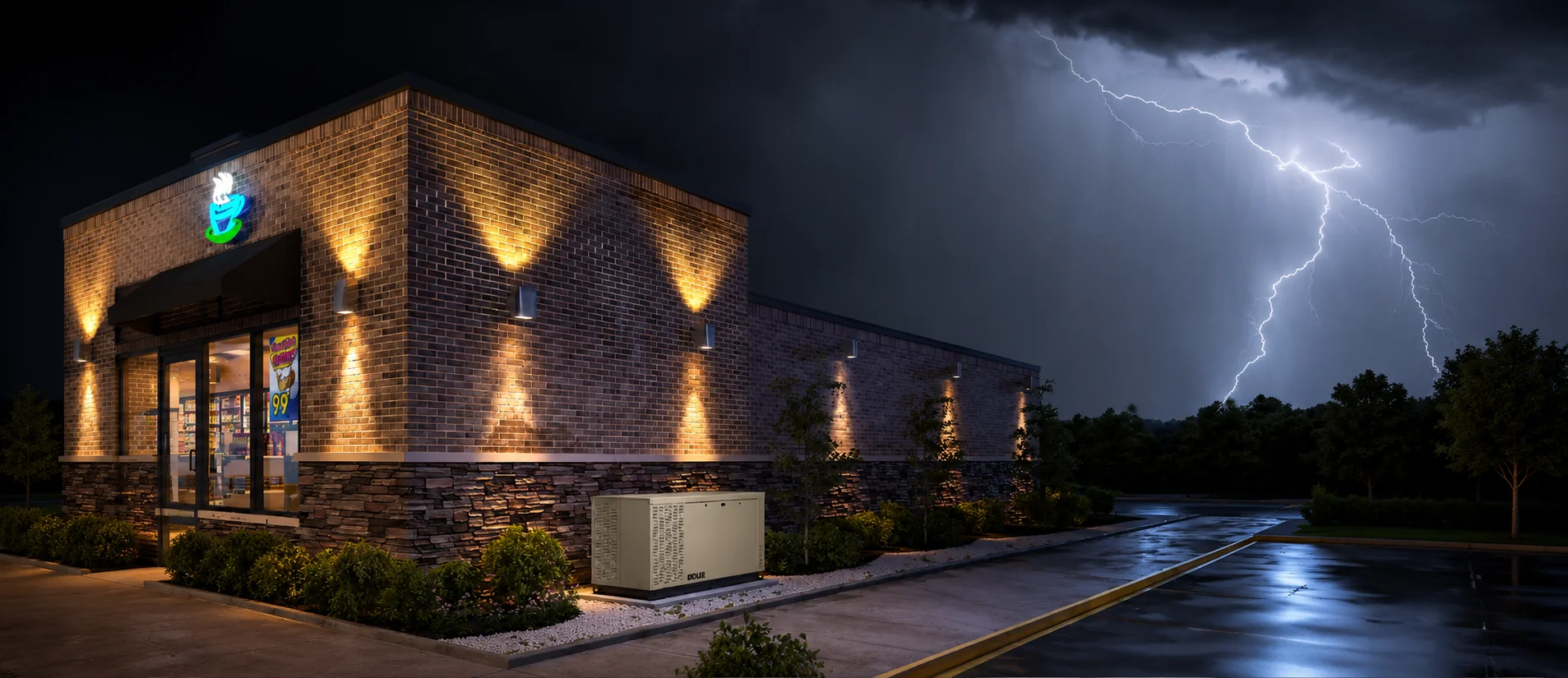 Commercial property protected by backup power during a storm