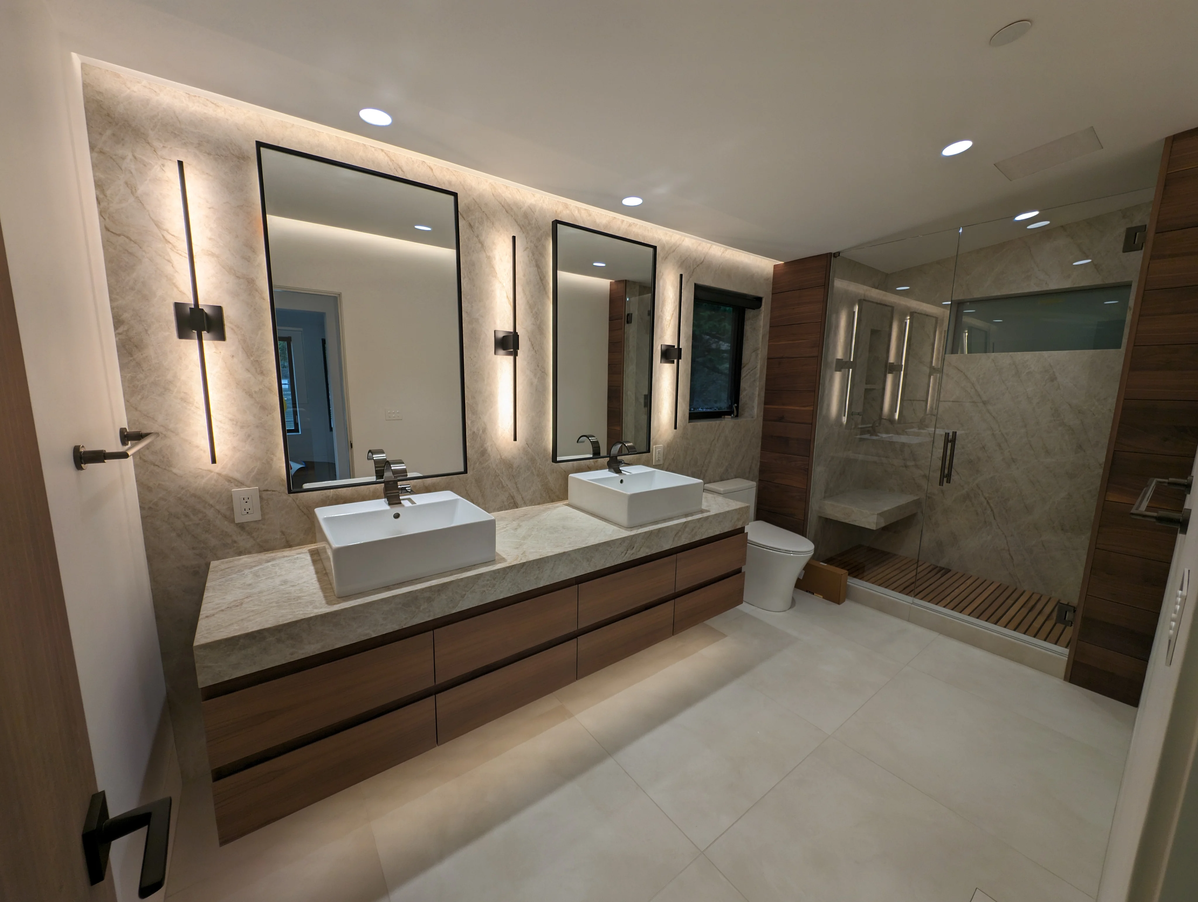 Primary bath vanity lighting installation