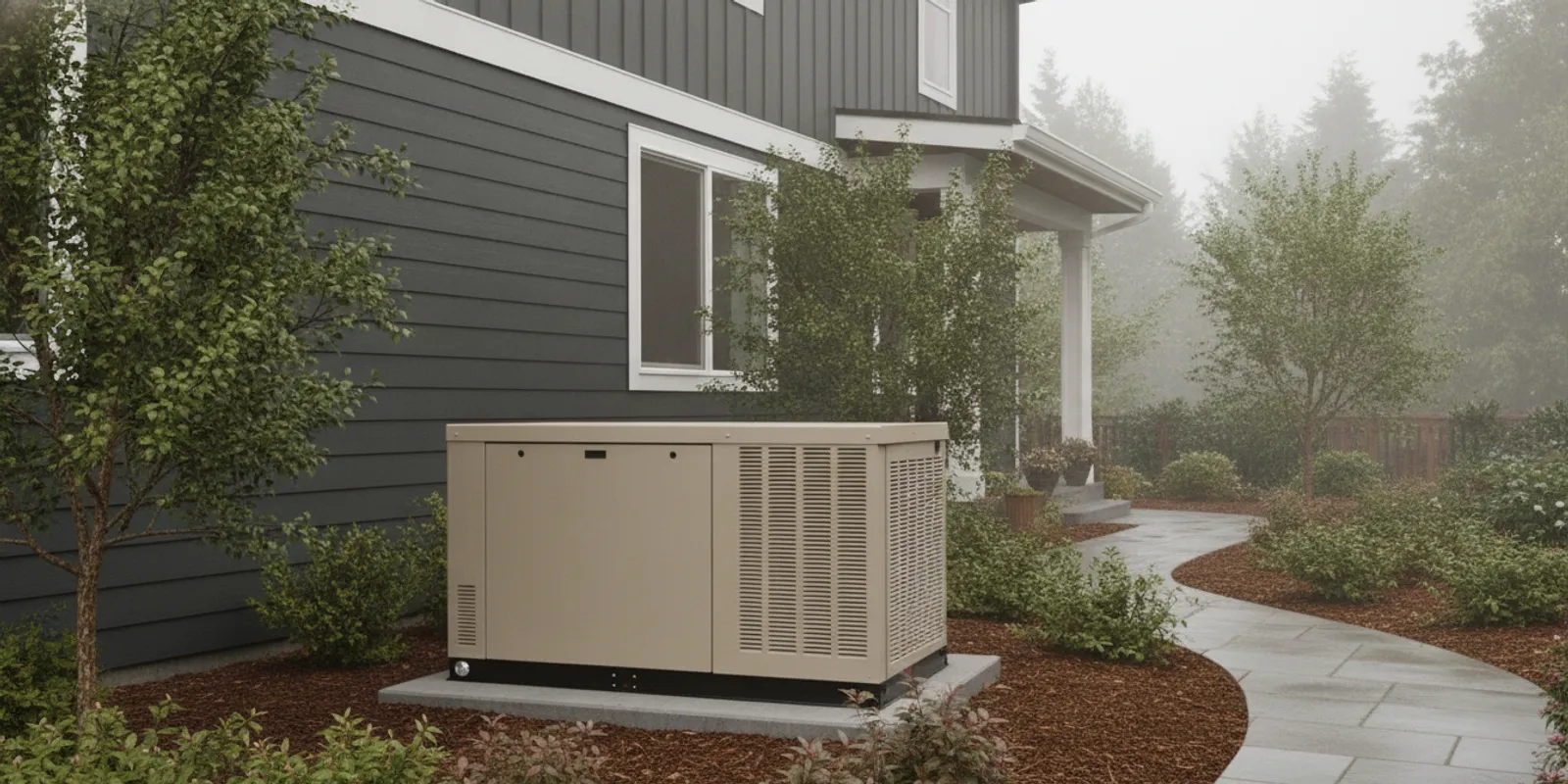 Whole-home standby generator installed beside a suburban home