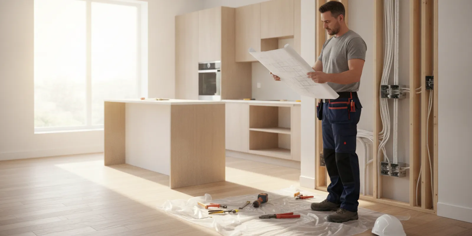 Electrician reviewing a kitchen circuit plan beside a remodel layout