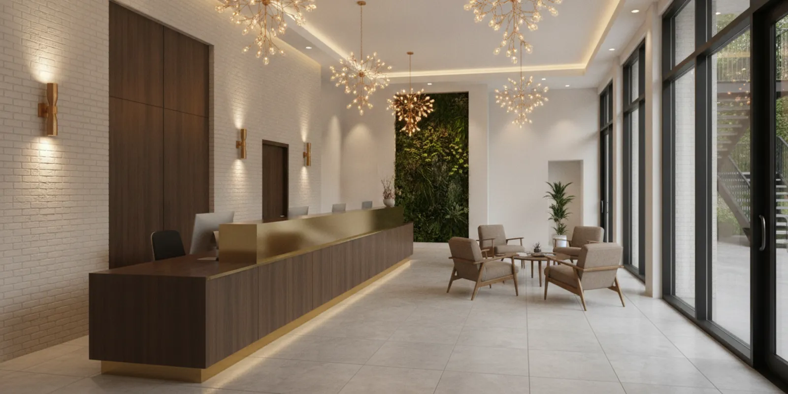 Pendant and accent fixtures illuminating an inviting commercial interior