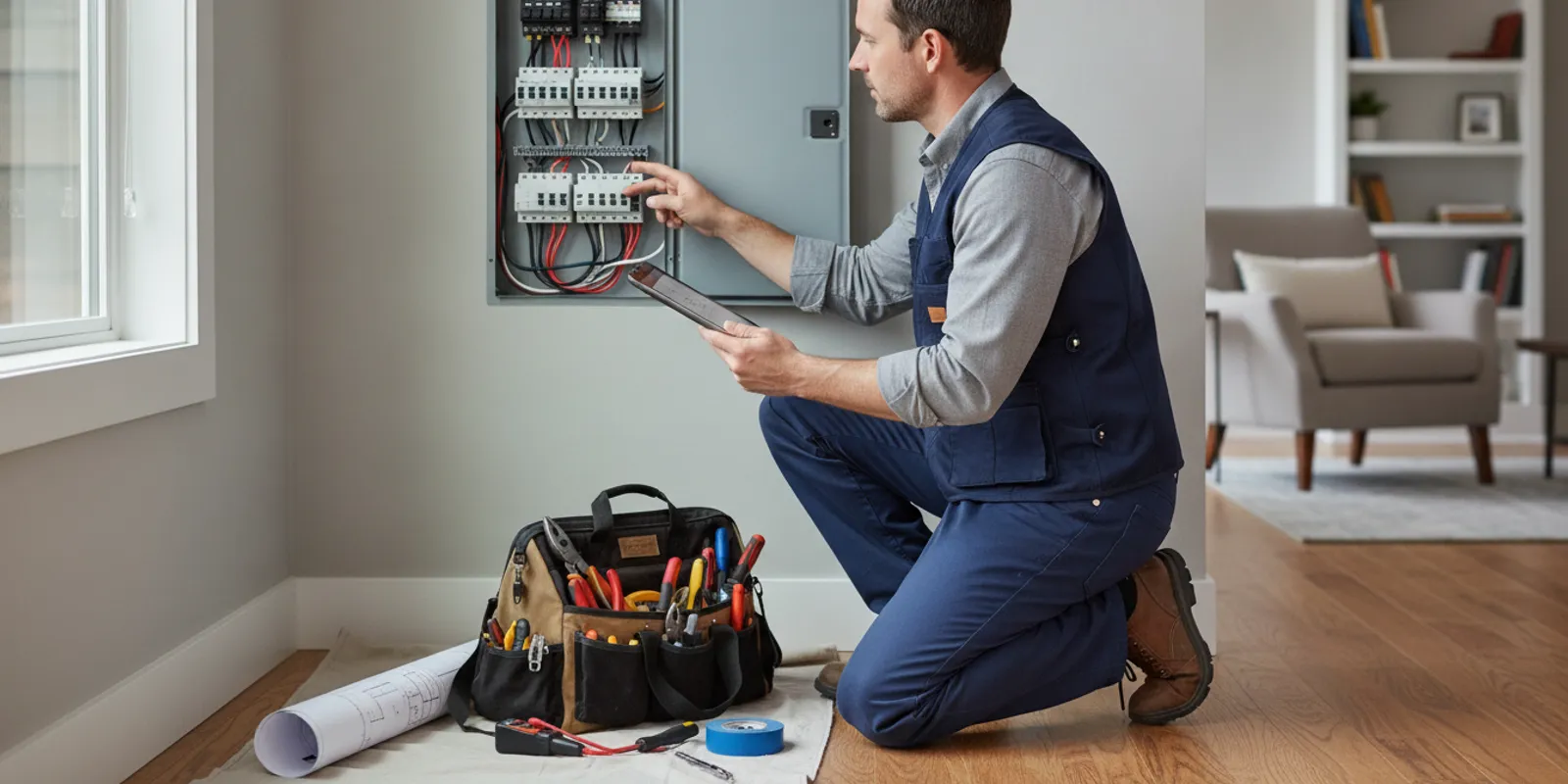 Electrician reviewing an electrical panel and installation plans for a new dedicated circuit