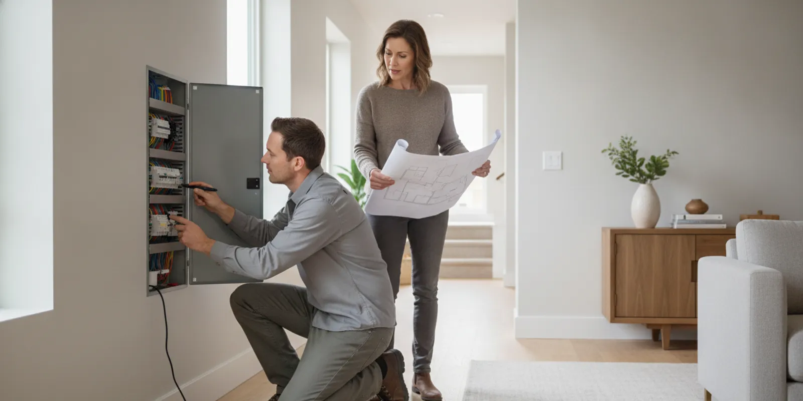 Electrician and homeowner reviewing an electrical panel and project plans