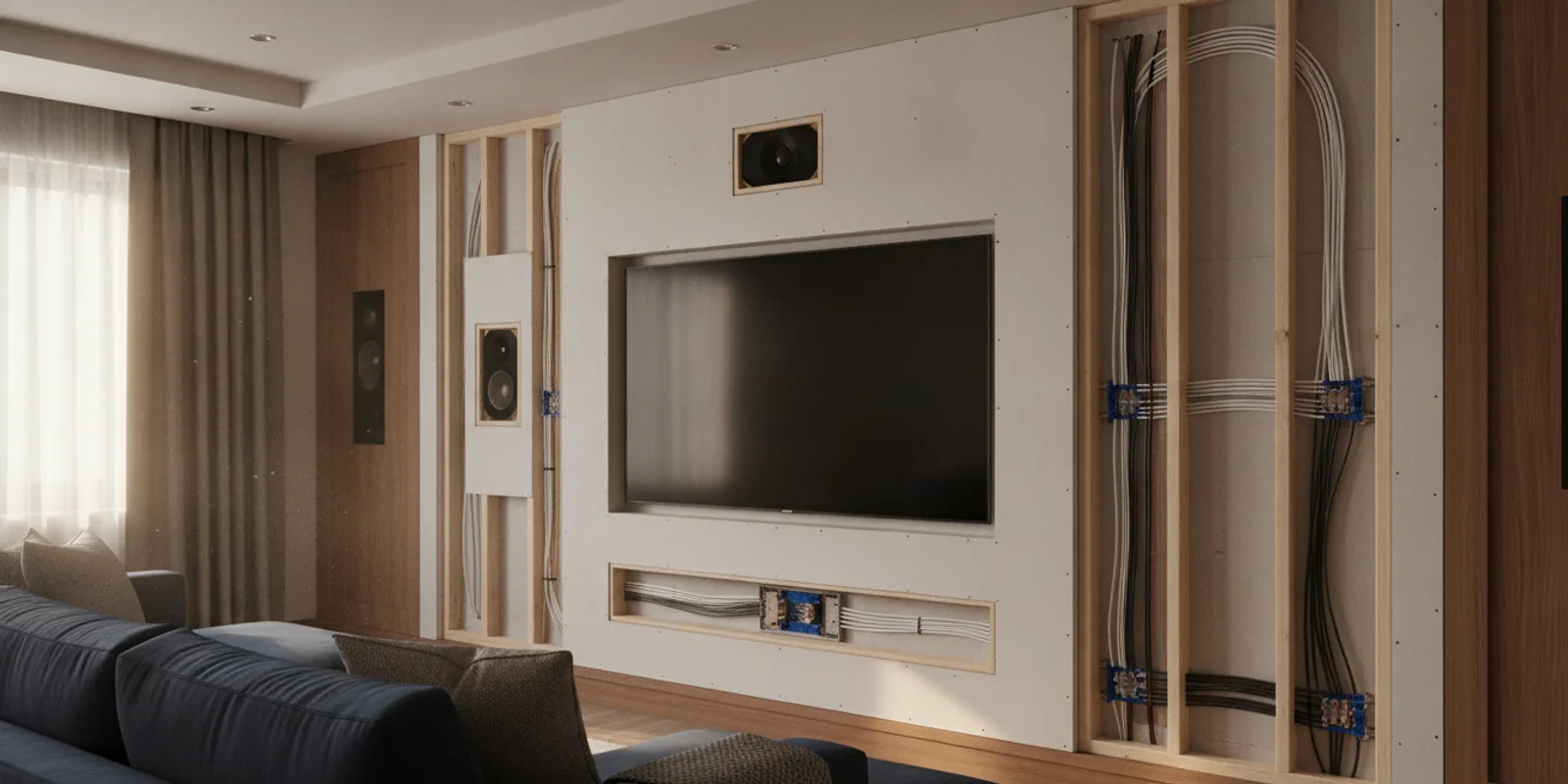 Home theater with television, speakers, and carefully planned wiring