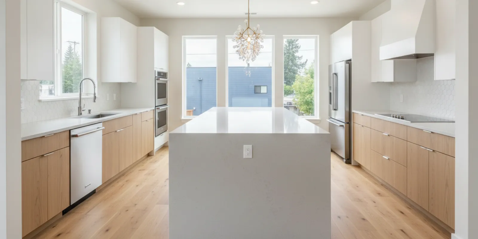 Kitchen island countertop with planned electrical receptacles in a bright remodeled kitchen