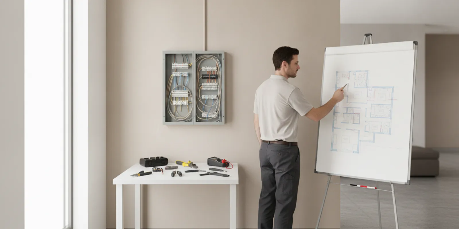 Electrician planning low-voltage and electrical wiring for a connected home