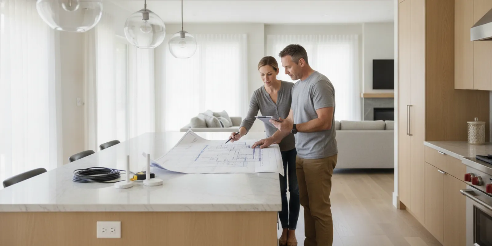 A homeowner reviews a floor plan while planning wired Wi-Fi access points in a bright modern home.