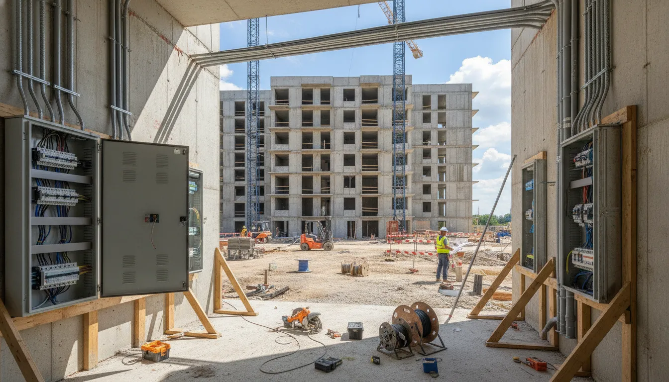 Electrical contractor team installing conduit and panel systems in a new apartment building construction site