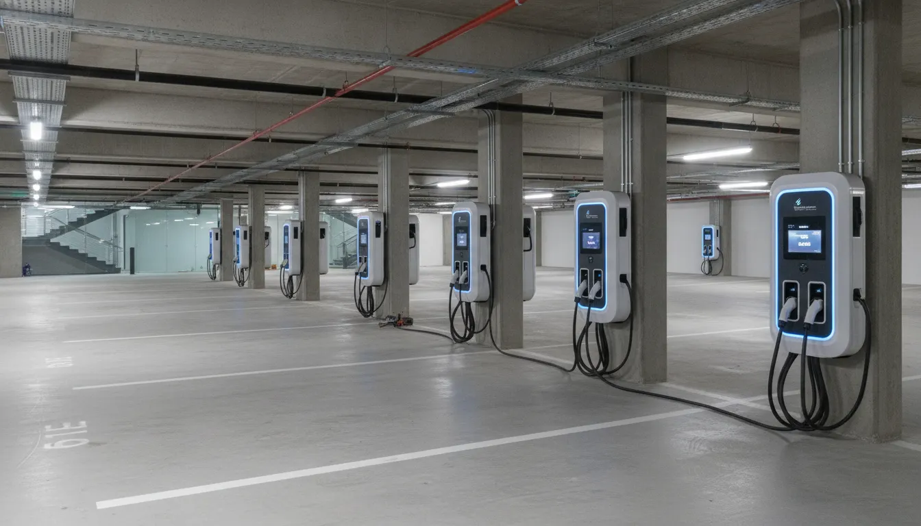 Electric vehicle charging station installation in a multi-family apartment parking garage