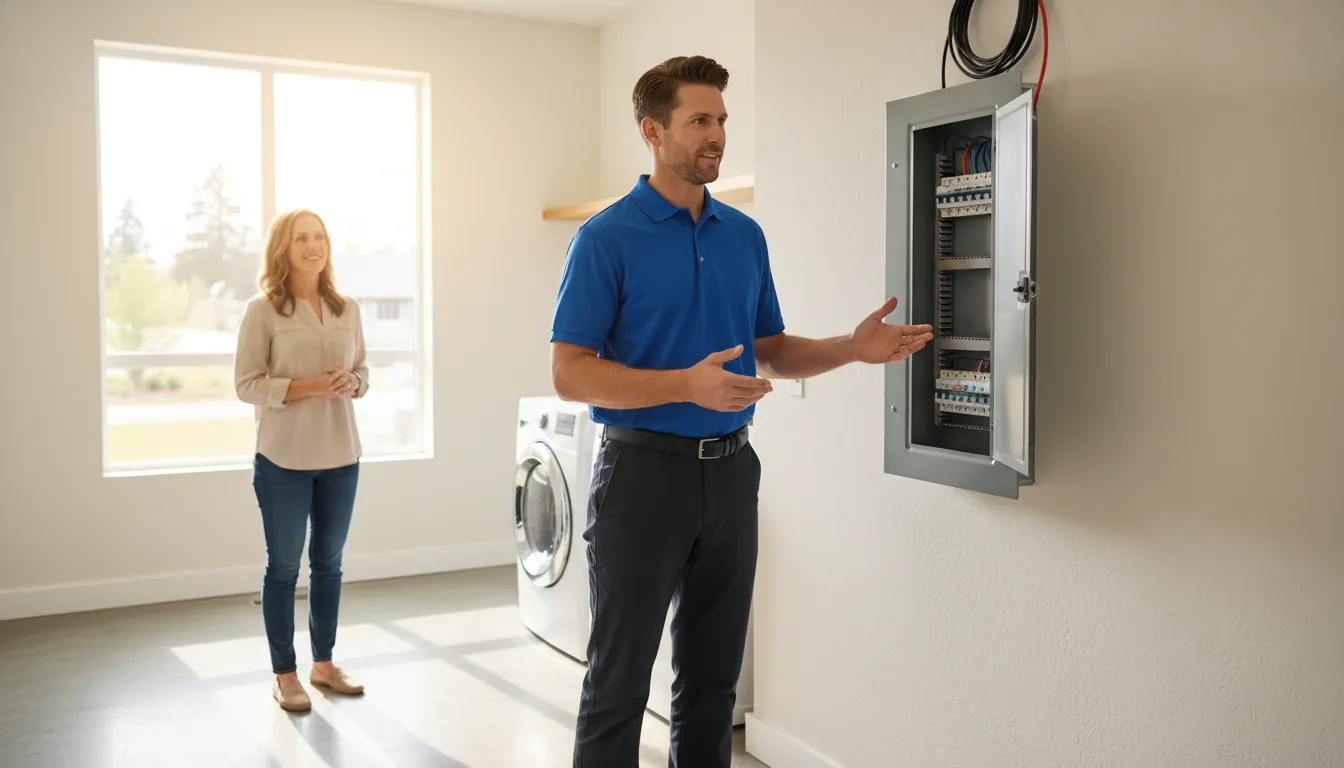 Electrician reviewing breaker panel repair concerns with a homeowner