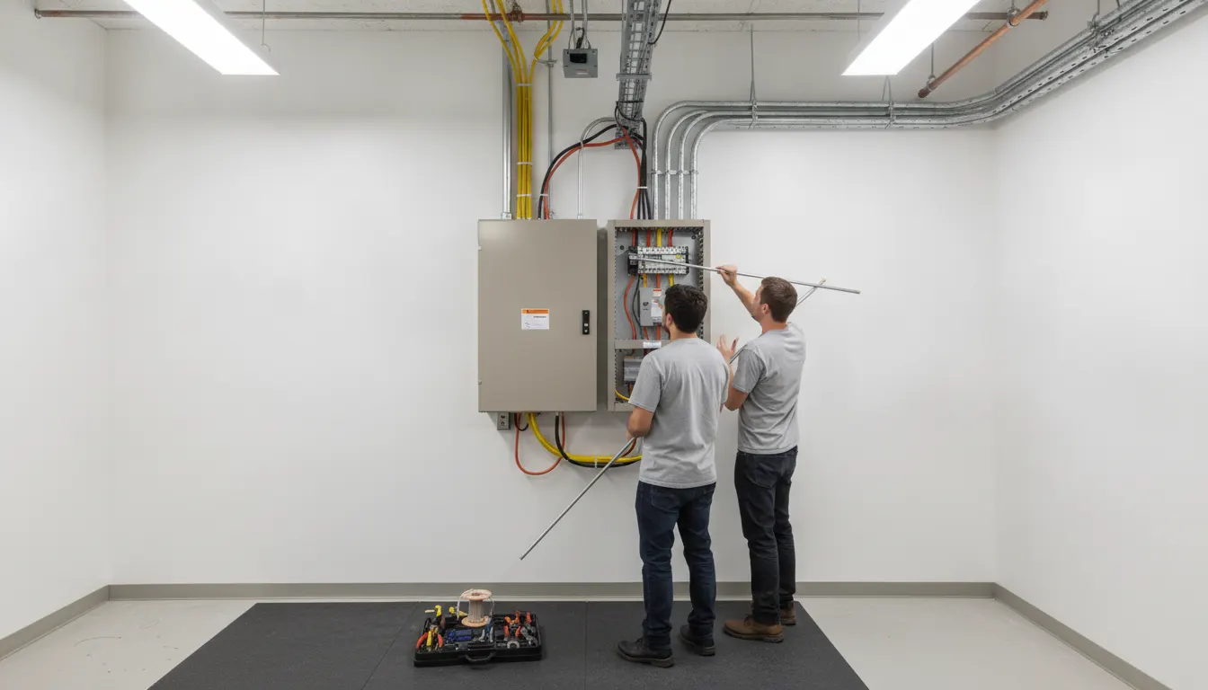 Electricians coordinating conduit and automatic transfer equipment for a commercial generator installation
