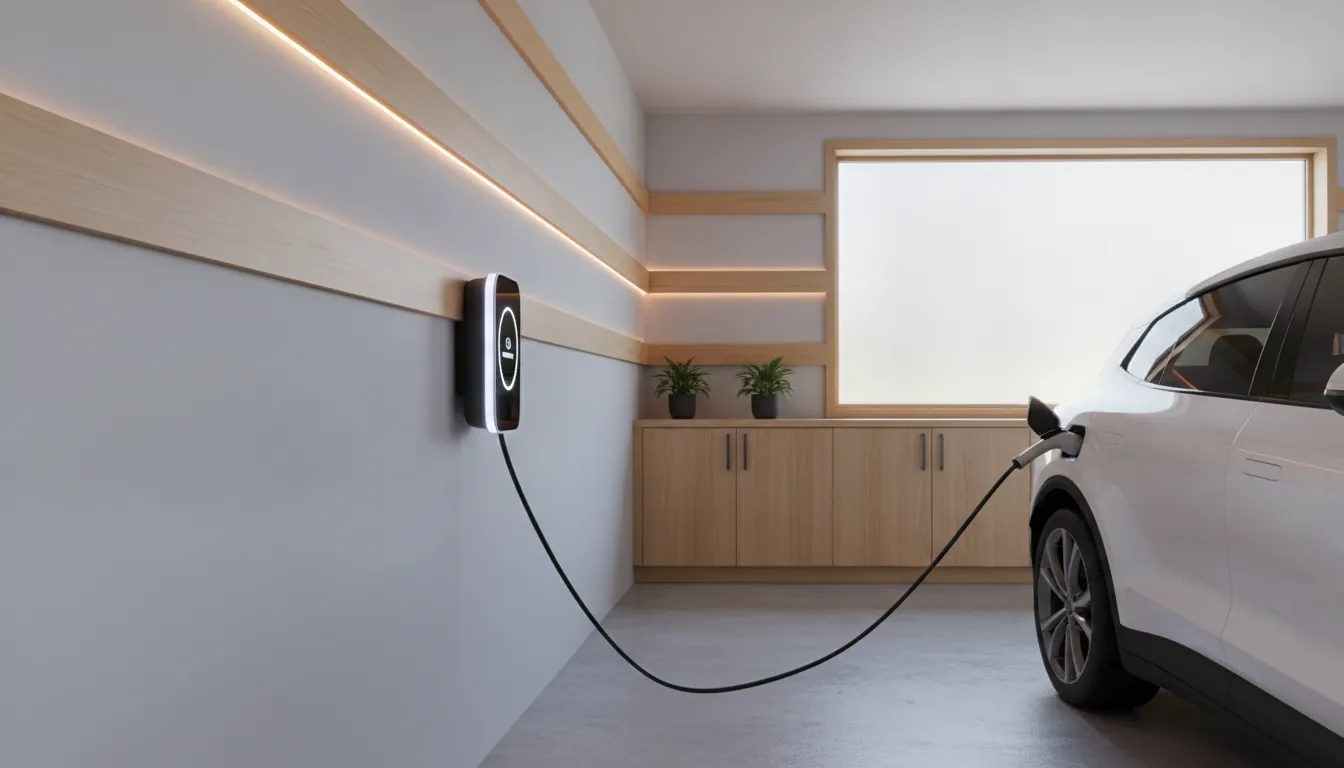 A modern Level 2 EV charging station installed inside a luxury custom home garage