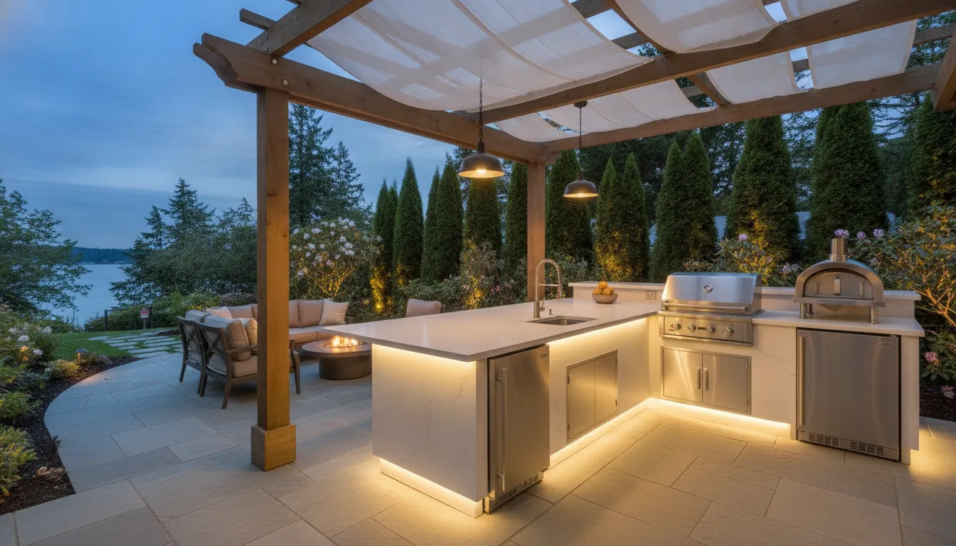 A luxury outdoor kitchen patio featuring professional appliances and integrated ambient lighting