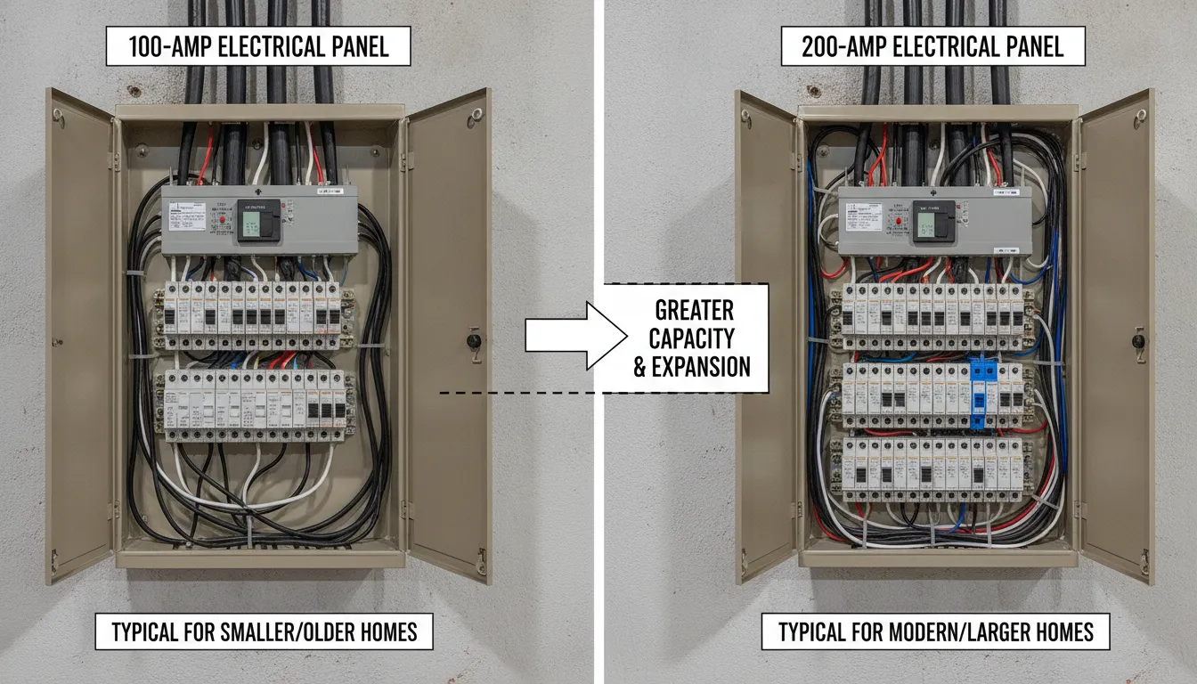 Side-by-side comparison of a 100-amp electrical panel and a modern 200-amp panel showing the difference in circuit capacity