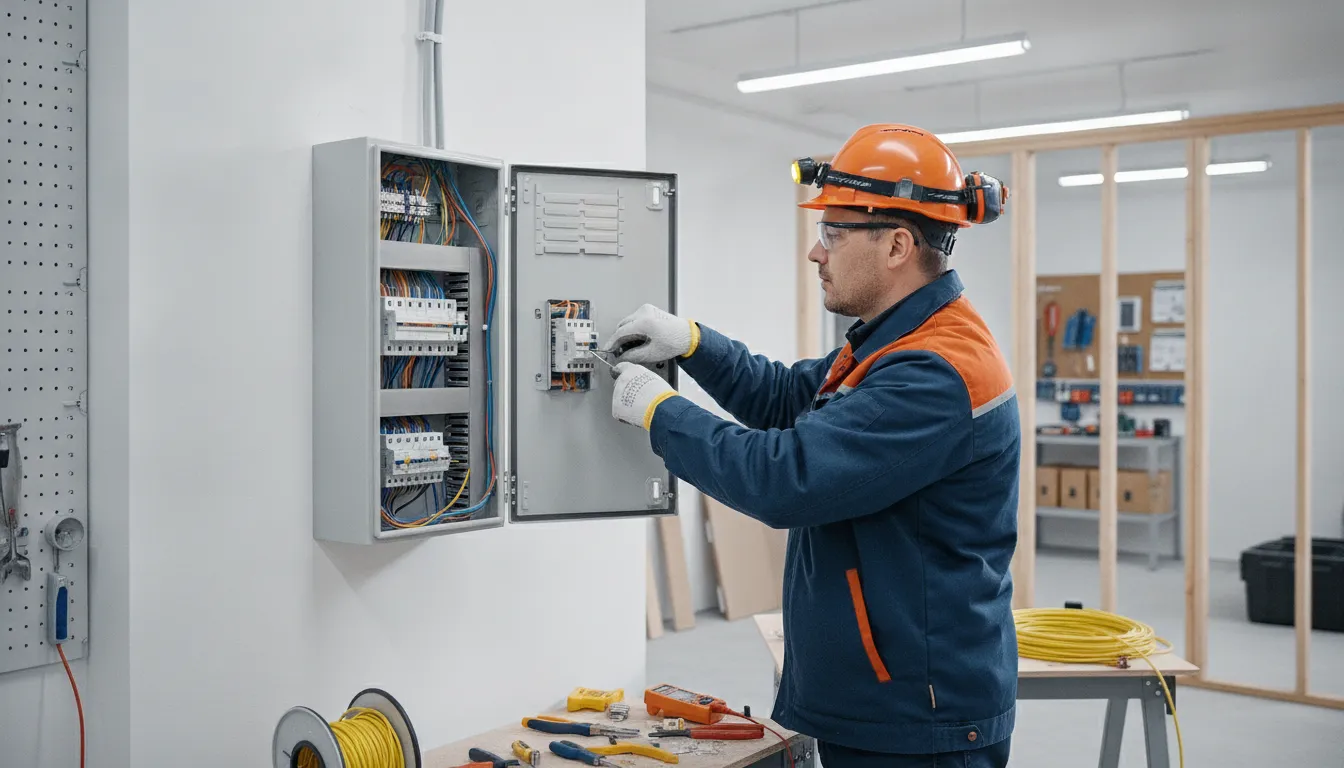 Professional electrician installing a new residential electrical panel with proper safety equipment