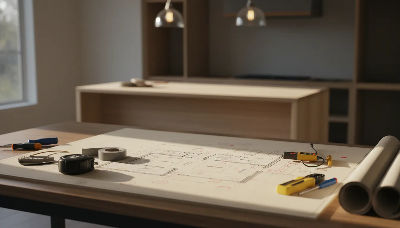 Kitchen remodel electrical plan with outlet and lighting layout notes