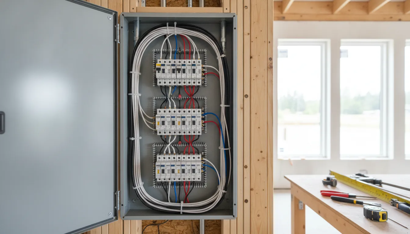 Modern residential electrical panel prepared for home addition circuits