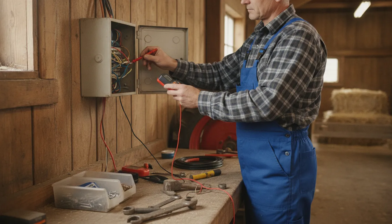 Farm electrician testing a wiring connection inside a rural outbuilding