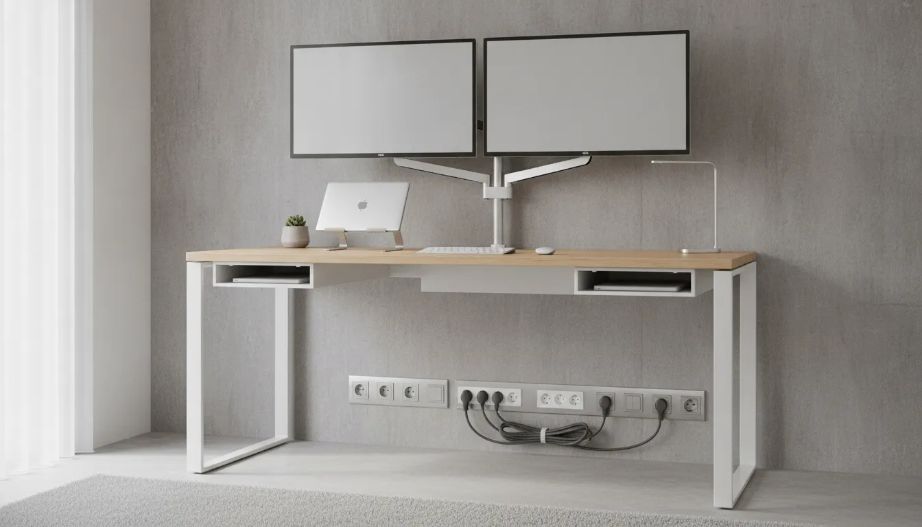 Modern home office workspace with clean cable management, surge protected outlets, and neatly organized power connections