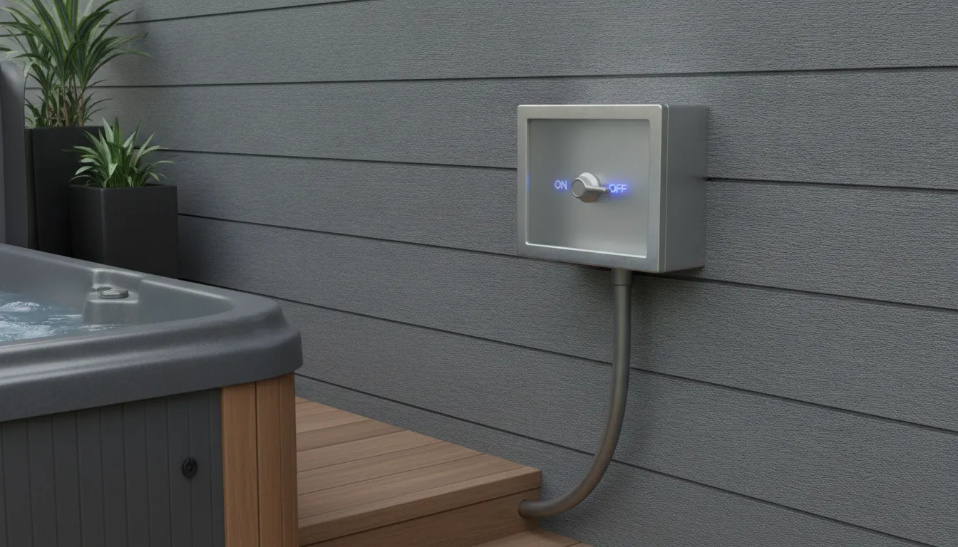 A professional outdoor electrical disconnect switch box mounted on a wall near a hot tub