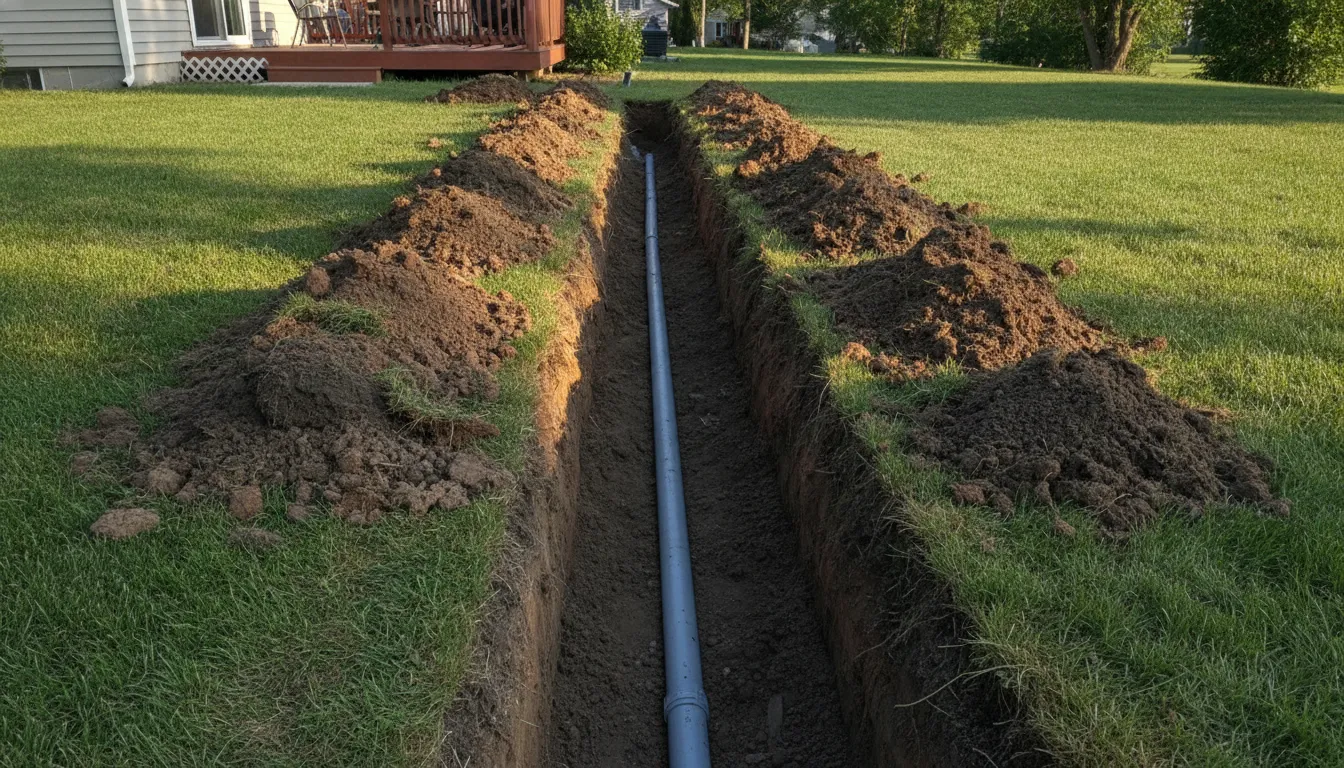 Open trench in backyard for outdoor spa electrical conduit installation