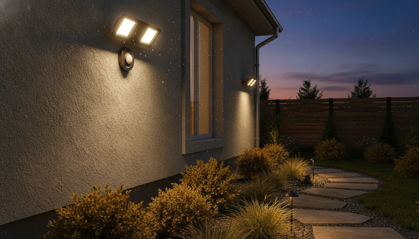 Smart motion sensor security light mounted on a house exterior at twilight with warm landscape lighting