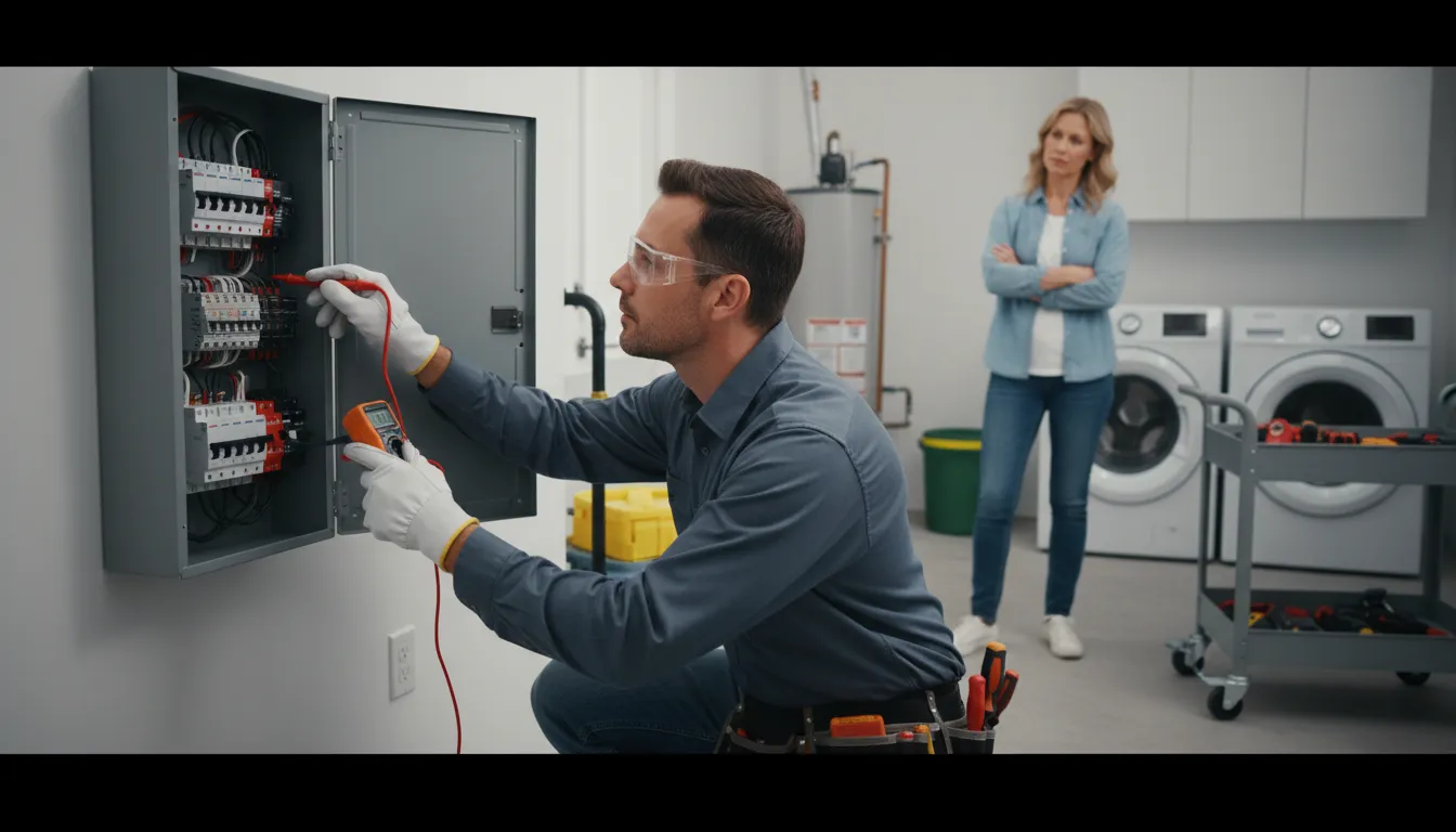 Electrician inspecting a panel during a residential electrical service call