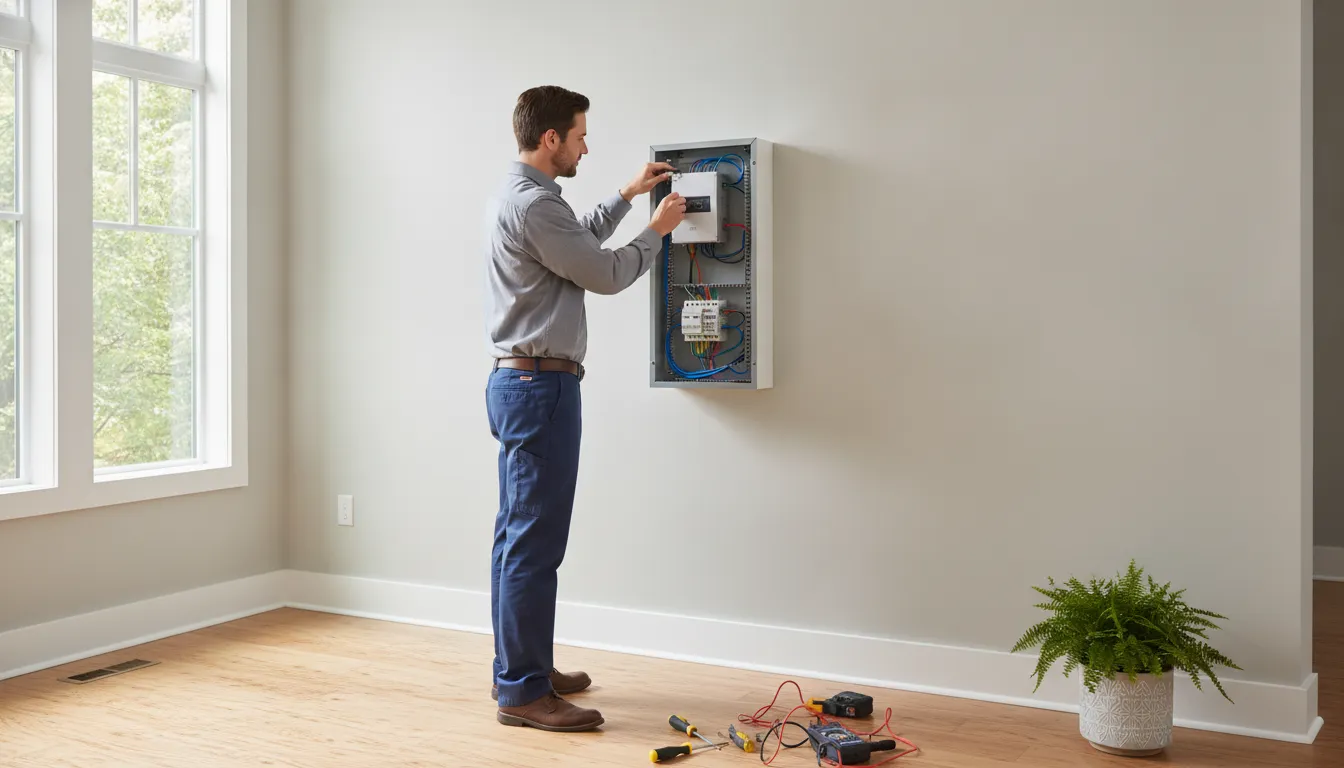 Electrician installing a whole-home surge protector at a residential electrical panel