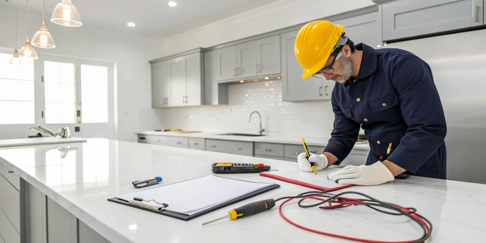 An electrician you hire for a kitchen renovation working with tools and a checklist.