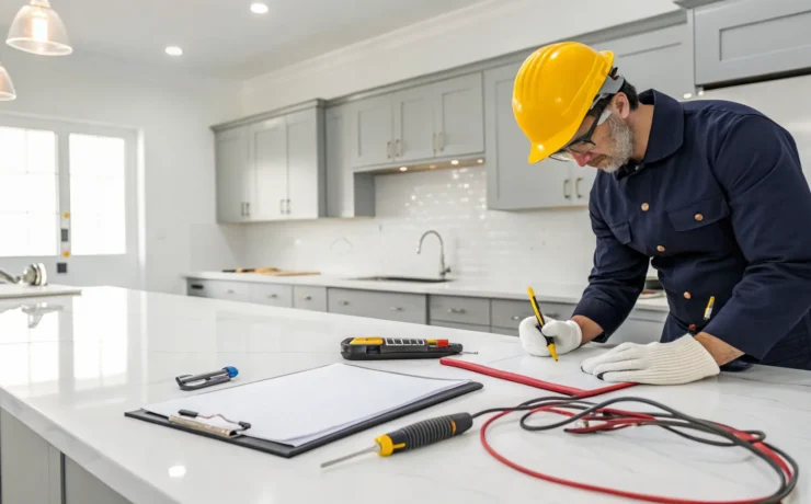 An electrician you hire for a kitchen renovation working with tools and a checklist.