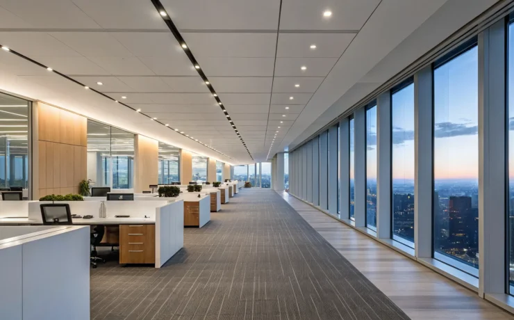 Modern commercial office blending natural light with a professional lighting design.