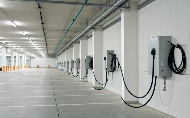 An EV charging station in a parking garage installed to meet safety and code requirements.