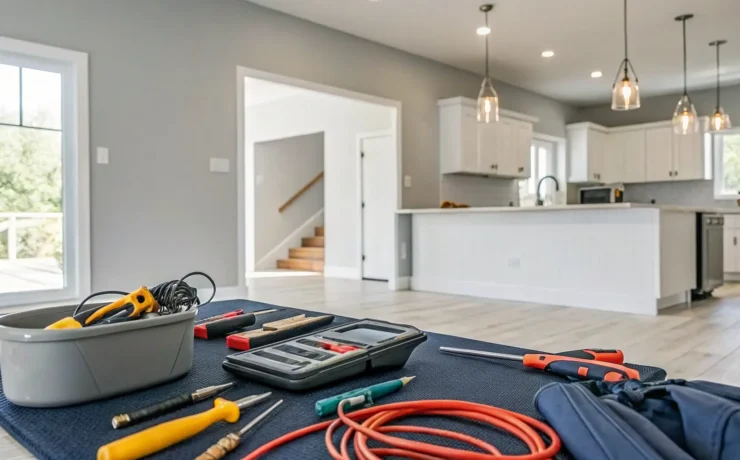 Tools and new wiring on the floor for a complete house rewire in a Tigard home.