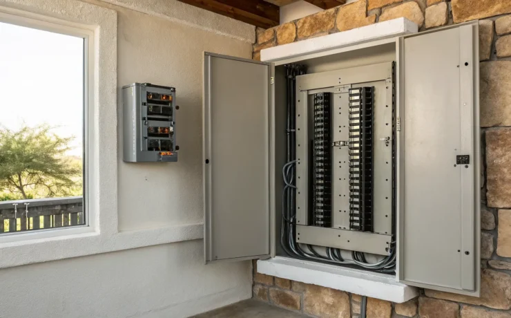 A new electrical panel upgrade in Portland with the breaker box open to show modern wiring.