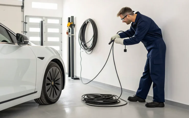 Electrician performing a home EV charger installation in a garage.