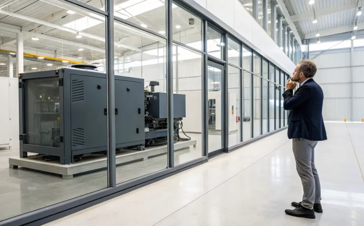 Man inspecting an industrial generator at a generator sales and service facility.