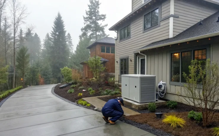 Technician completing a home generator installation at a Portland house on a rainy day.