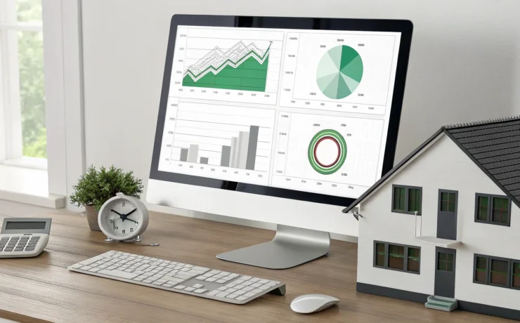 Home generator sizing calculator in Excel on a desk with a house model.