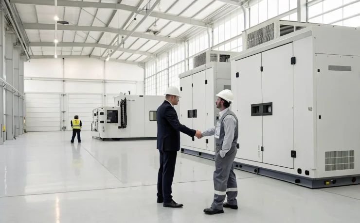 A technician from a generator repair company shakes hands with a satisfied customer.